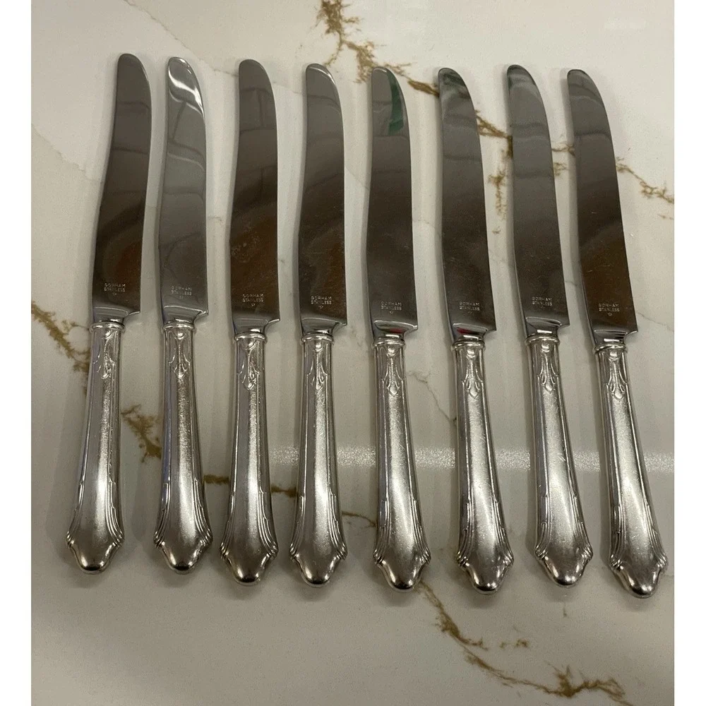 Vintage Gorham Caroline Stainless Steel Dinner Knife Set 8 Silver Plate Handle
